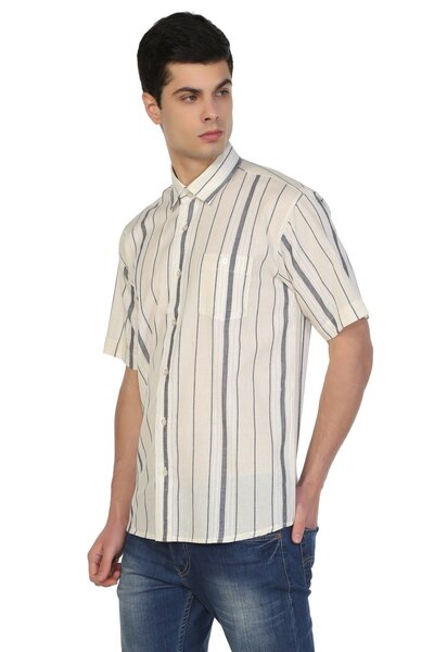 Eliş Şile Bezi Κοντό μανίκι Şile υφασμάτινο μονό τσεπάκι ανδρικό καλοκαιρινό πουκάμισο εκρού γκρι ριγέ 3028