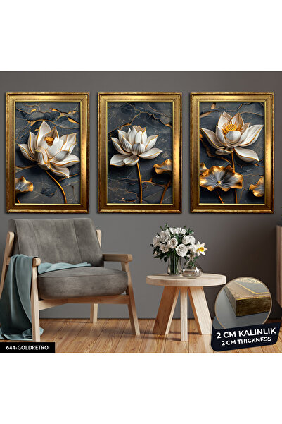 Evinemoda Çiçek 3D Görünümlü Arka Plan 3 Parça Gold Çerçeveli Tablo CVPLK