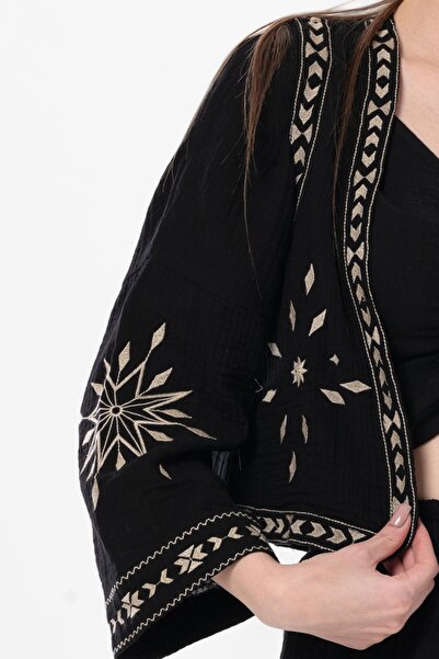 Eliş Şile Bezi Sleeveless Daylight Embroidered Summer Muslin Vest Black Black