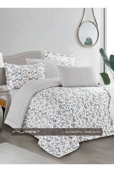 INREST 6-Piece Bedding Set – Includes King Comforter (230×250 cm) 100% Cotton in White and Light Gray