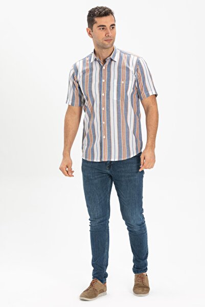 Eliş Şile Bezi Ανδρικό πουκάμισο με κοντό μανίκι μεγάλου μεγέθους, μονό, μονό, γκρι ριγέ 3037