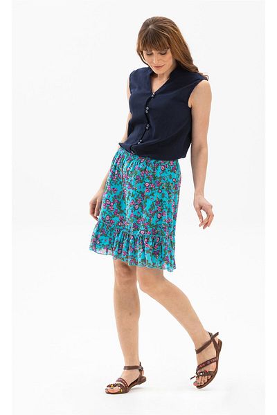 Eliş Şile Bezi Buse Voile Short Summer Skirt Bud Pattern Turquoise 6167