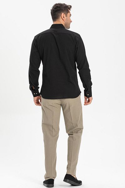 Eliş Şile Bezi Long Arm, Slim Fit Şile Cloth - Single Pocket Men's Summer Shirt (Black) 3003