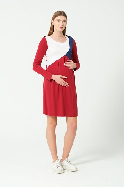 BUSA Red Color Long Sleeve Dress - Block Motif Intermediate Length