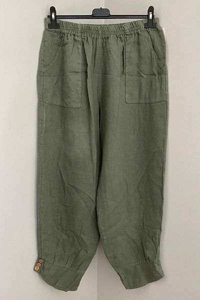 AYASOFYA OTANTIK Women's Italian Khaki Elastic Waist Pocket Button Detailed Pencil Long Loose Linen Trousers