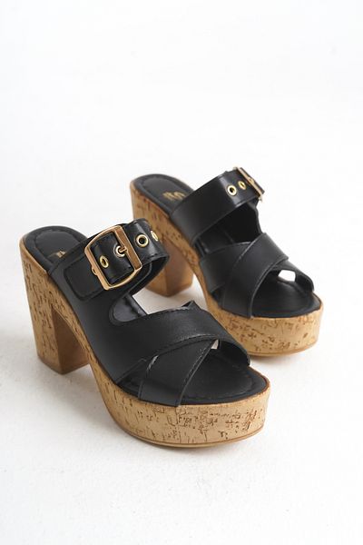 Shoesers Дамски чехли на платформа с дървен ток, специален дизайн, с катарама и двойна лента от дърво