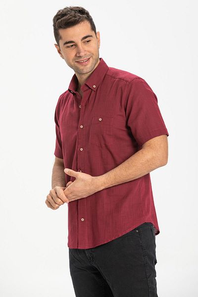 Eliş Şile Bezi Κοντό μανίκι Slim Fit Sile Πανί Μονή Τσέπη Ανδρικό Καλοκαιρινό Πουκάμισο Dark Claret Red 3068
