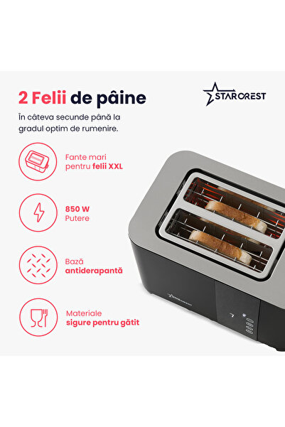 STARCREST Prajitor de paine digital STARCREST SDT-850BLK, 850 W, 2 felii, Display Led Touch, 4 Functii, Negru