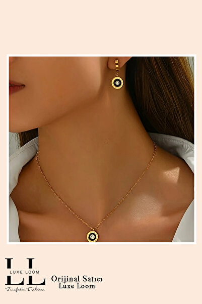 Luxe Loom Zarafetin Işıltısı Kadın Kararmayan Çelik Gold Roma Rakamlı Siyah Mine Üzerine Zirkon Taşlı Kolye Küpe Set 001