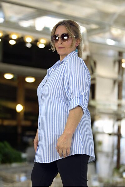 yagmurberen Striped Patterned Folding Sleeve Detail Woven Fabric Large Size Shirt