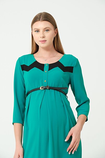 BUSA Hamile Düğmeli Blok Renk Kemerli Şifon Elbise YEŞİL