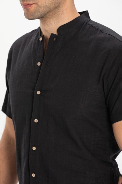 Eliş Şile Bezi Ανδρικό μανίκι Kurta - Μαύρο 3003 - Καλοκαιρινό πουκάμισο Bodrum