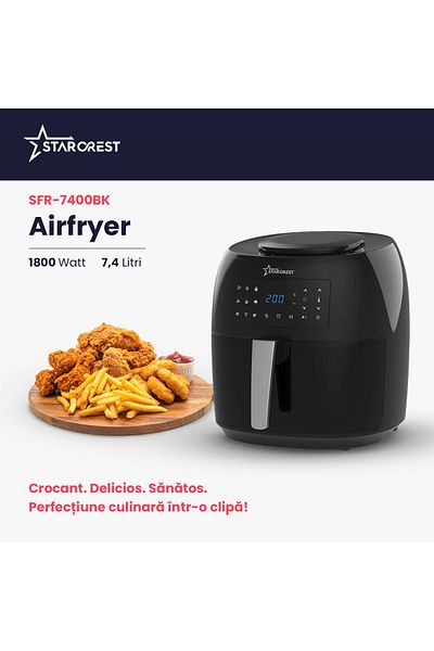 STARCREST Friteuza cu aer cald STARCREST SFR-7400BK, 1800 W, 7.4 Litri, Termostat 80 - 200 °C