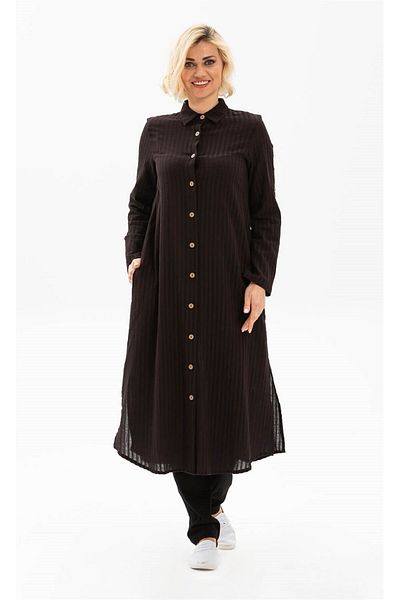 Eliş Şile Bezi Long Sleeve Seersucker - Seasonal and Summer Tunic, Black