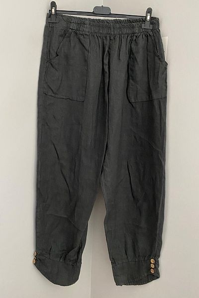 AYASOFYA OTANTIK Women's Italian Anthracite Elastic Waist Pocket Button Detailed Pencil Long Loose Linen Trousers