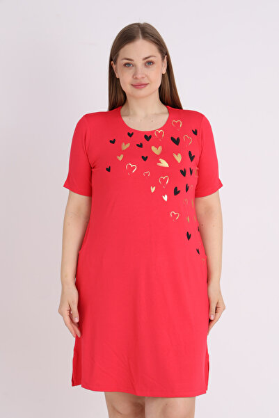 İntensive Women's Printed Short Sleeve Relaxed Plus Size Dress with Pockets