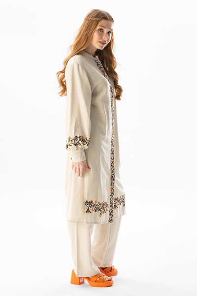 Eliş Şile Bezi Long Sleeve Belma Linen Embroidered Buttoned Summer Authentic Tunic Cream Cream