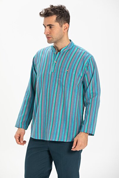 Eliş Şile Bezi Довгий рукав, тканина шиле, одна кишеня, комір-стійка, чоловічий літній футболка, бірюзовий у смужку, 3071