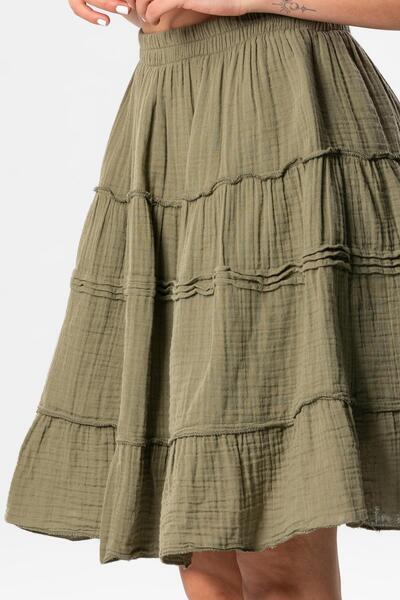 Eliş Şile Bezi Benan Elastic Waist Short Summer Muslin Skirt Khaki Hk