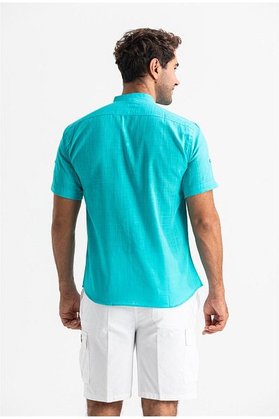 Eliş Şile Bezi Short Sleeve Slub Cotton Bodrum Summer Men's Shirt Turquoise 3054