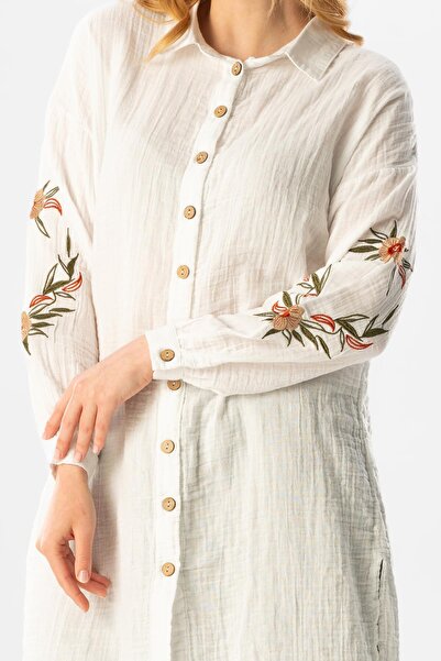 Eliş Şile Bezi Long Sleeve Deck Shirt Collar Summer Muslin Tunic White Byz