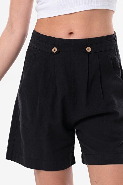 Eliş Şile Bezi Bitez Linen Buttoned Summer Shorts Black Black
