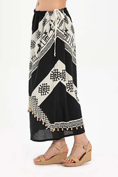 Eliş Şile Bezi Stone Print V Pattern Summer Skirt Black Mesh Şile Cloth