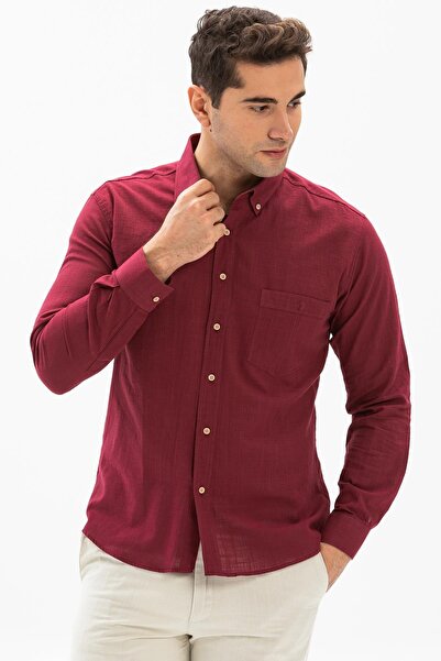 Eliş Şile Bezi Uzun Kol Dar Kalıp Şile Bezi Tek Cepli Erkek Yazlık Gömlek Koyu Bordo 3068