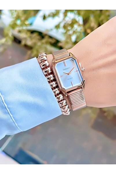 Ferrucci ساعة يد نسائية ميلانو ستيل بسوار مربع مقاومة للماء 3 ATM + سوار هدية