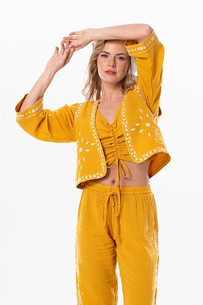 Eliş Şile Bezi Sleeveless Daylight Embroidered Summer Muslin Vest Mustard Hrd