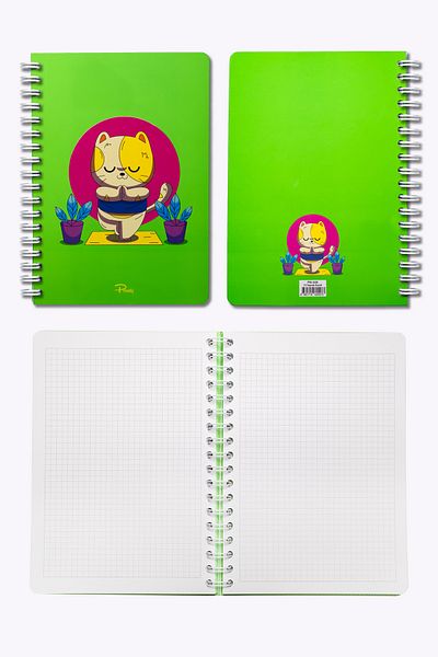 Prestij Meditation Cat Neon Green Checkered Notebook 17X24