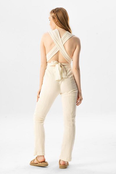 Eliş Şile Bezi Sleeveless Alisa Chile Cloth Back Detail Tie-Up Summer Jumpsuit Cream Cream