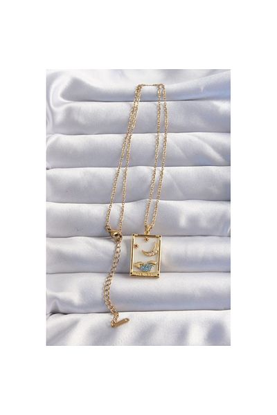Skygo Gold Colored 316l Tarot Necklace - Blue Zircon Stone, Chain Detail - Tj-bko8980