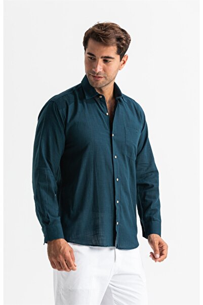 Eliş Şile Bezi Uzun Kol Şile Bezi Tek Cepli Erkek Yazlık Gömlek Koyu Petrol 3069