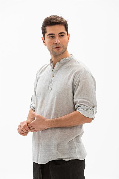 Eliş Şile Bezi Γκρι 9007 Μακρυμάνικο Βαμβακερό Μπλουζάκι Καλοκαιρινό Ανδρικό Φόρεμα