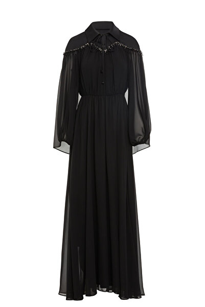 GİZİA Gömlek Yakalı Robası Taş İşlemeli Uzun Siyah Elbise