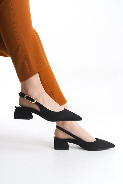 Entella Store Women's Black Suede Buckle Strap New Season Short 3 cm Heeled Shoes