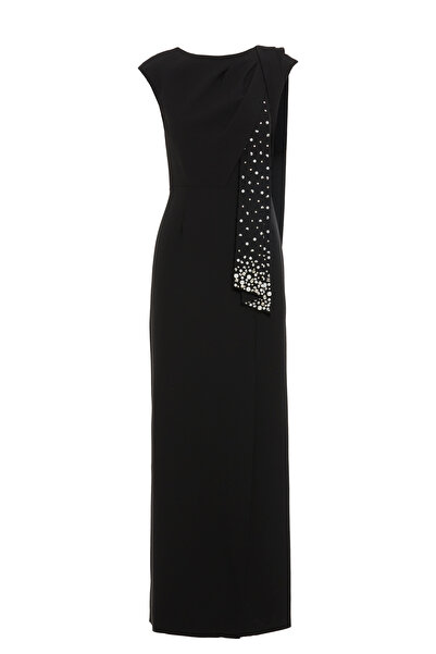 GİZİA Yan Yırtmaçlı Taş İşlemeli Uzun Siyah Elbise
