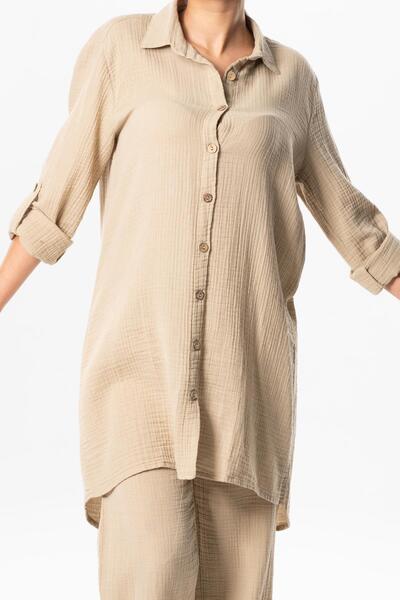 Eliş Şile Bezi Лятна муселиновена туника от норка с дълъг сгъваем ръкав и яка от седанур