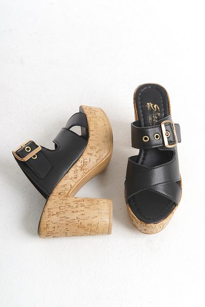 Shoesers Дамски чехли на платформа с дървен ток, специален дизайн, с катарама и двойна лента от дърво