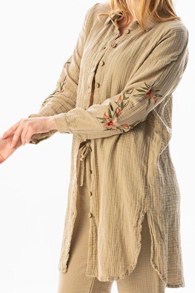 Eliş Şile Bezi Uzun Kol Deste Gömlek Yaka Yazlık Müslin Tunik Vizon Vzn