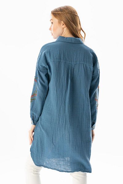 Eliş Şile Bezi Long Sleeve Deck Shirt Collar Summer Muslin Tunic Indigo indg