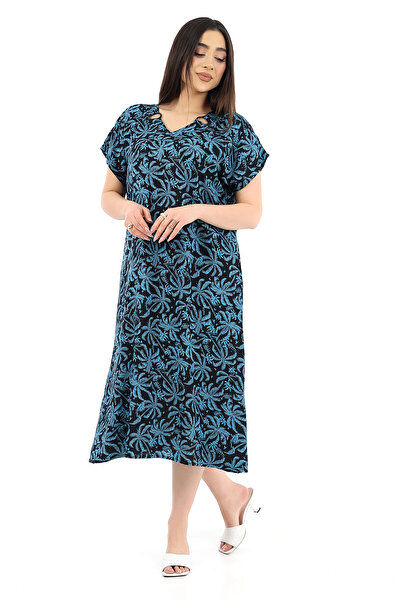 SCHIK Women's Viscose Half Sleeve V-Neck Dress with Ring Pockets Petrol Blue