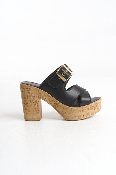 Shoesers Papuci cu toc cu platformă cu aspect de lemn, cu cataramă aurie și troc, cu design special pentru femei