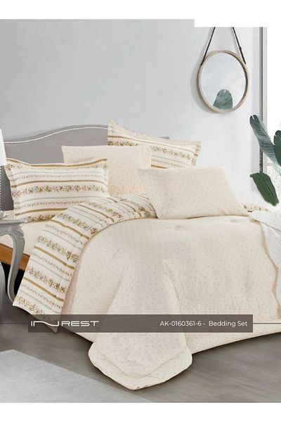 INREST 6-Piece Bedding Set – King Comforter (230×250 cm) 100% Cotton Light Yellow and Golden Brown