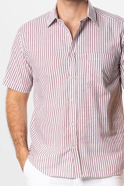 Eliş Şile Bezi Κοντό μανίκι Şile υφασμάτινο μονό τσεπάκι ανδρικό καλοκαιρινό πουκάμισο Claret Red Cream ριγέ 3080