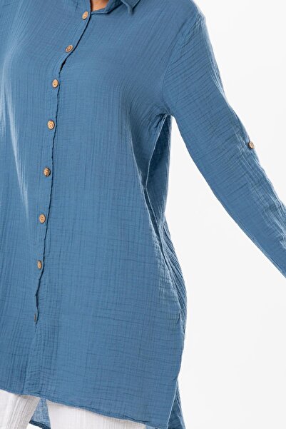 Eliş Şile Bezi Long Foldable Sleeve Sedentary Shirt Collar Summer Muslin Tunic Indigo indg