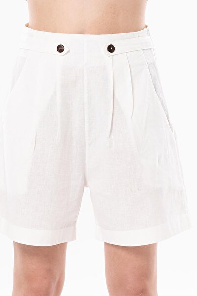 Eliş Şile Bezi Bitez Linen Buttoned Summer Shorts White Byz