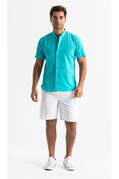 Eliş Şile Bezi Short Sleeve Slub Cotton Bodrum Summer Men's Shirt Turquoise 3054