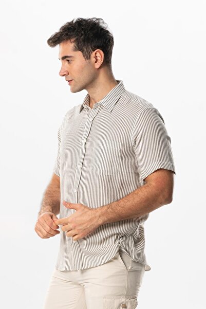 Eliş Şile Bezi Короткий рукав, шильська тканина, одна кишеня, чоловіча літня сорочка, чорна з кремовими смужками, 3081